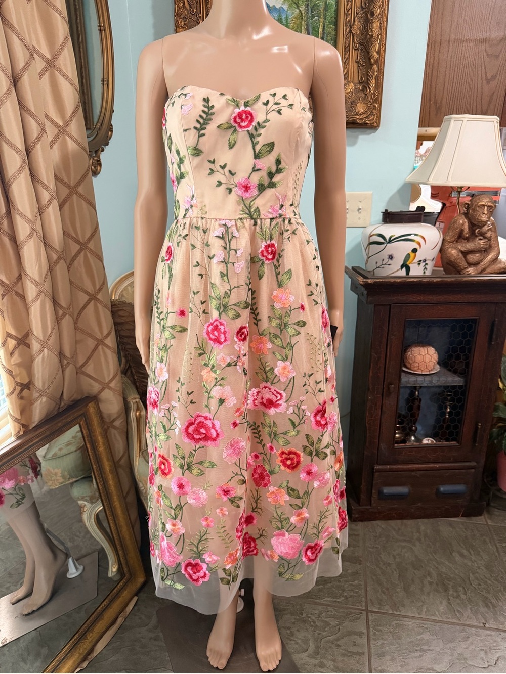 Lulu's Beige Strapless Midi Dress with Pink & Green Floral Embroidery